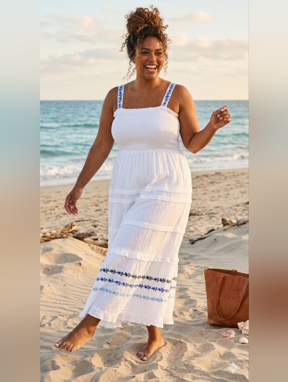 Boho XXL Cottage Smocked White Cotton Gauze Embroidered Resort Beachy Maxi Dress